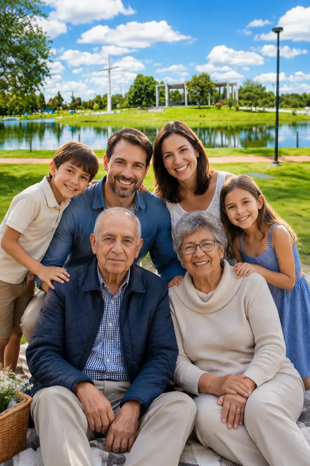 Familia de varias generaciones reunida al aire libre