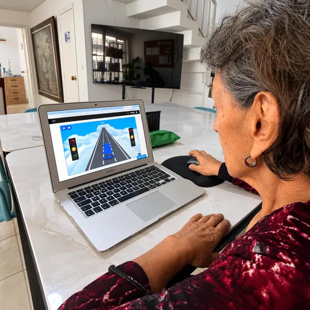 Mujer mayor realiza un ejercicio de estimulación cognitiva en un computador