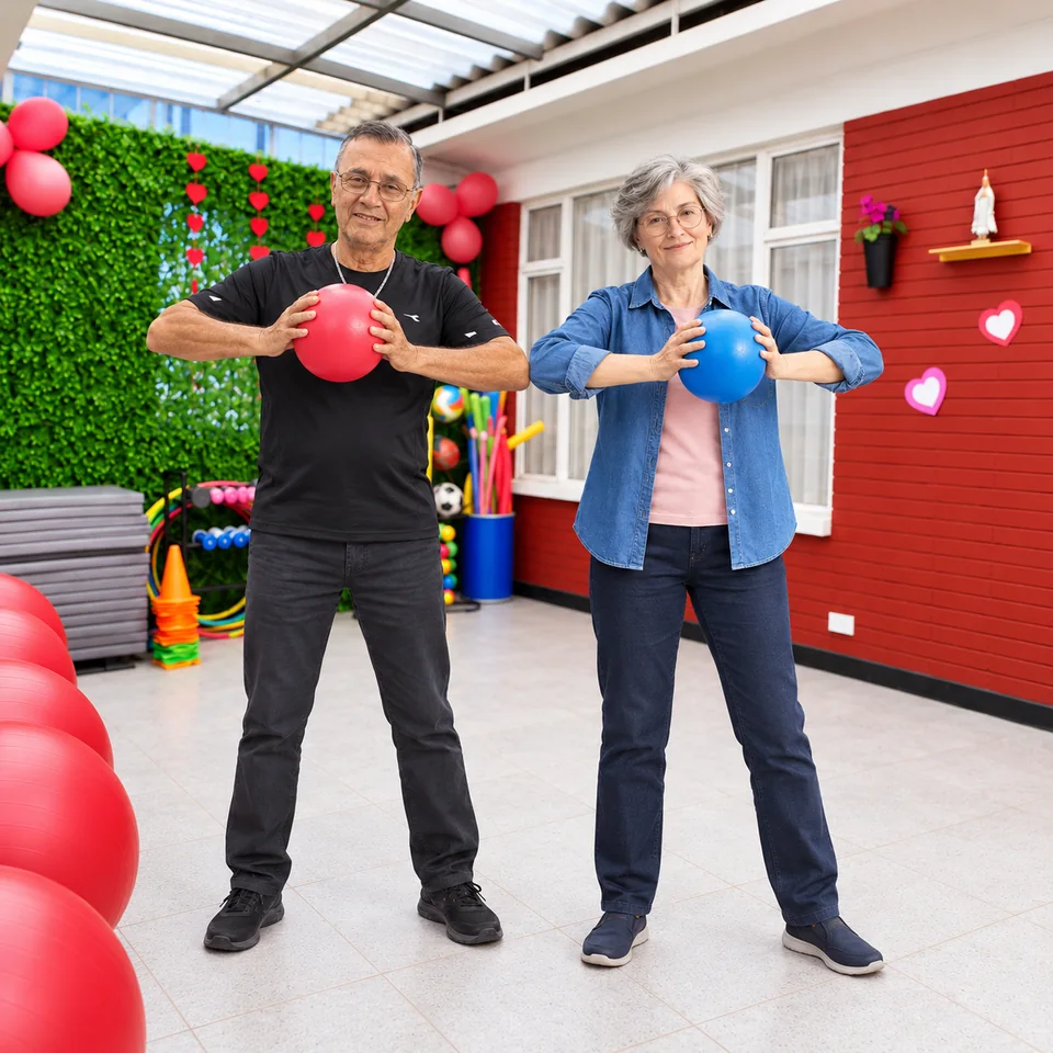 Personas mayores realizan ejercicios suaves con pelotas en la zona de deporte