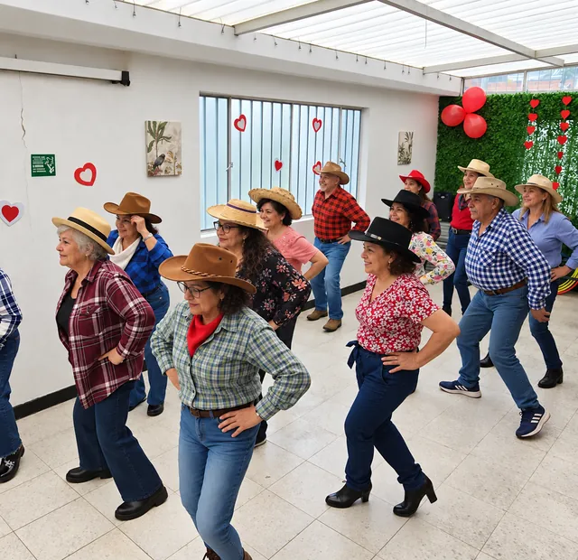 Personas mayores bailan en grupo con sombreros durante una actividad de musicoterapia