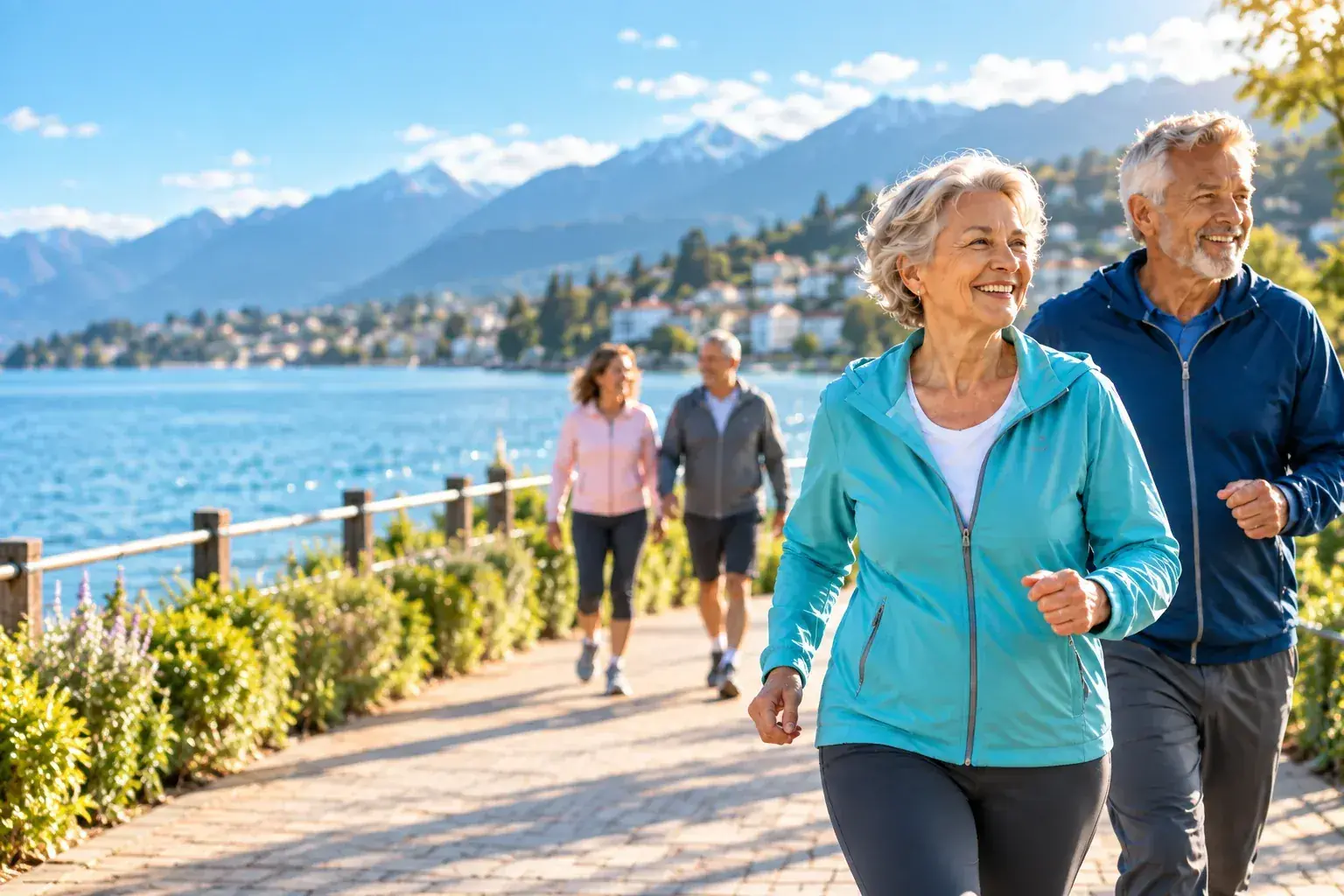 Pareja de personas mayores disfrutando de una caminata junto al lago